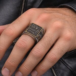 Grey Austrian Crystal Square Ring Black Oxidized 316L Stainless Steel Men’s 2CT